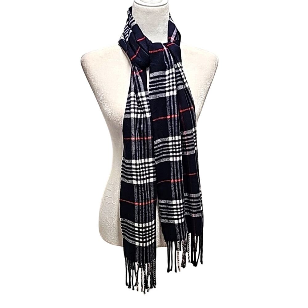 100% Cashmere Made in Scotland Navy White Pinkish Red Plaid Scarf 73" x 12"